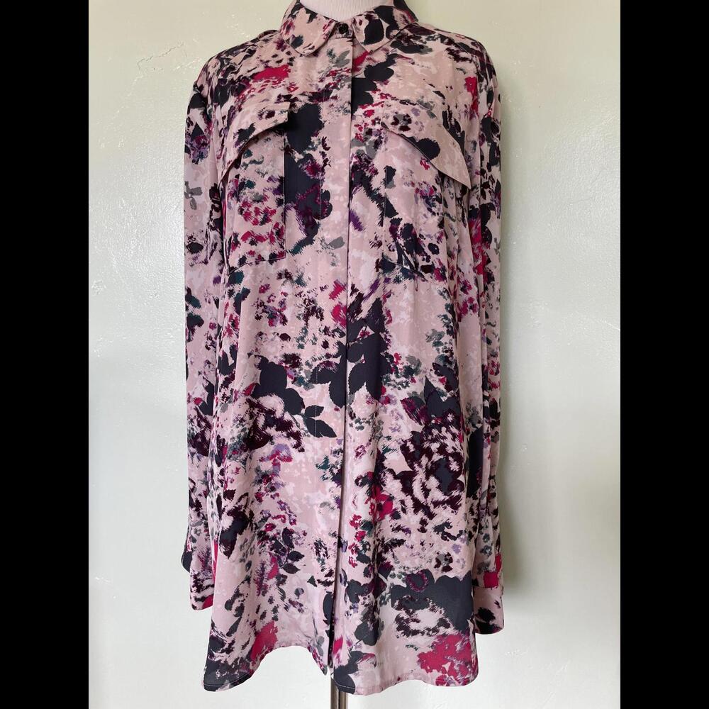 Nordstrom Halogen Tie Dye Floral Print Pink Purple Button Up Blouse XL 20-0146